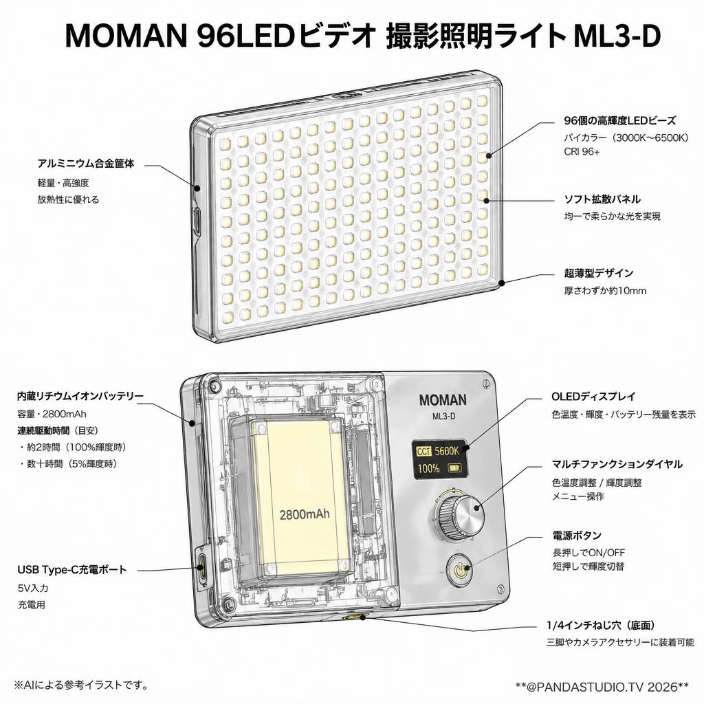 MOMAN 96LEDビデオ 撮影照明ライトML3-D スペック
