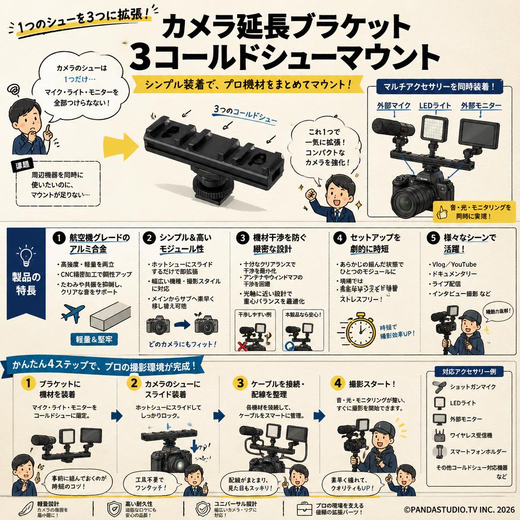カメラ延長ブラケット 3コールドシューマウント 概要