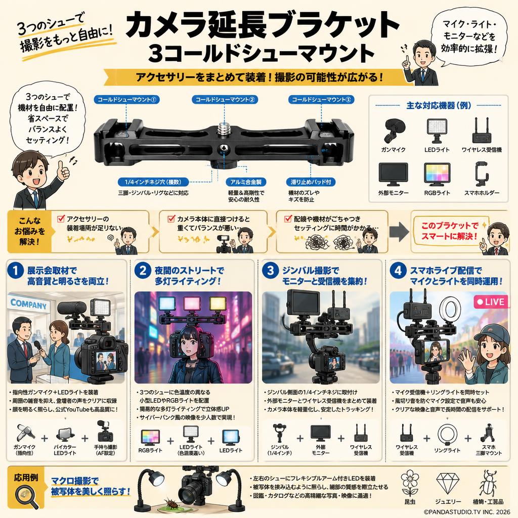 カメラ延長ブラケット 3コールドシューマウント 用途