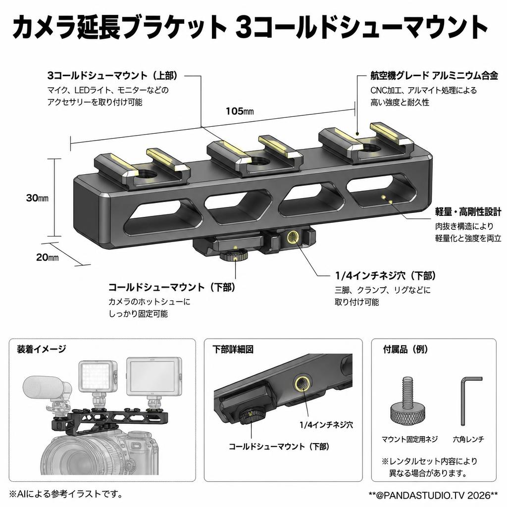 カメラ延長ブラケット 3コールドシューマウント スペック