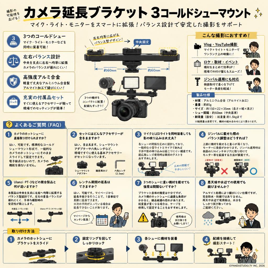 カメラ延長ブラケット 3コールドシューマウント FAQ（よくある質問と答え）