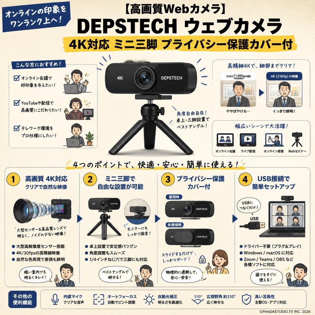 【高画質Webカメラ】DEPSTECH ウェブカメラ 4K対応 ミニ三脚 プライバシー保護カバー付 概要