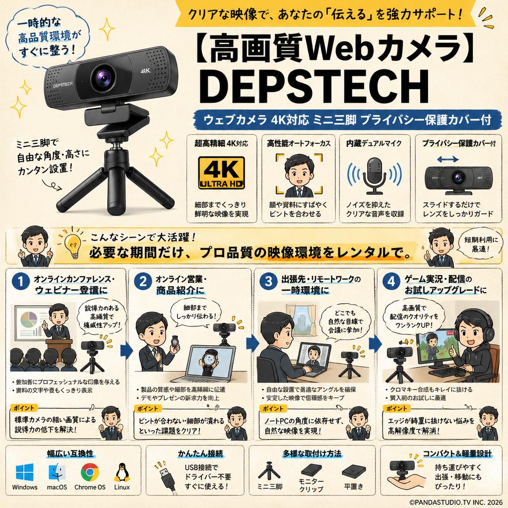 【高画質Webカメラ】DEPSTECH ウェブカメラ 4K対応 ミニ三脚 プライバシー保護カバー付 おもな対象のお客様
