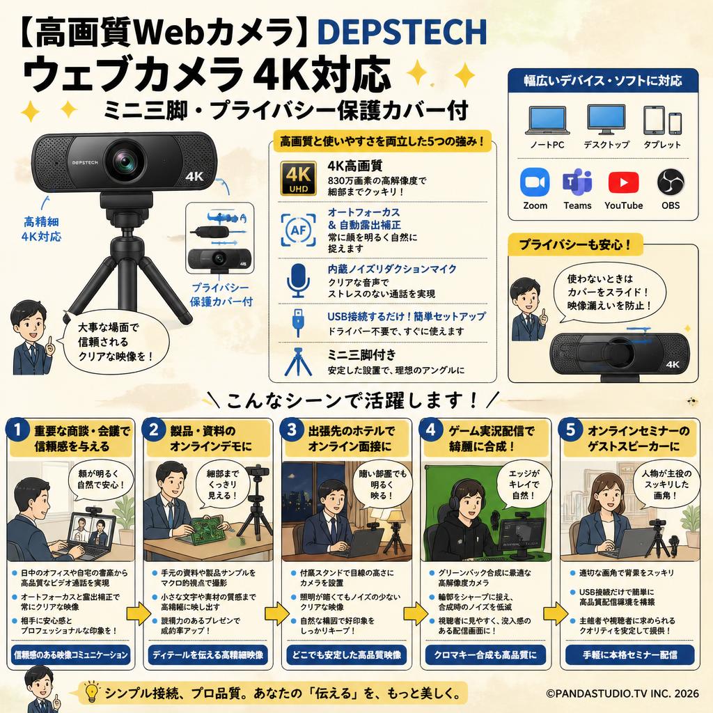 【高画質Webカメラ】DEPSTECH ウェブカメラ 4K対応 ミニ三脚 プライバシー保護カバー付 用途