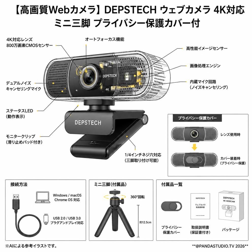 【高画質Webカメラ】DEPSTECH ウェブカメラ 4K対応 ミニ三脚 プライバシー保護カバー付 スペック