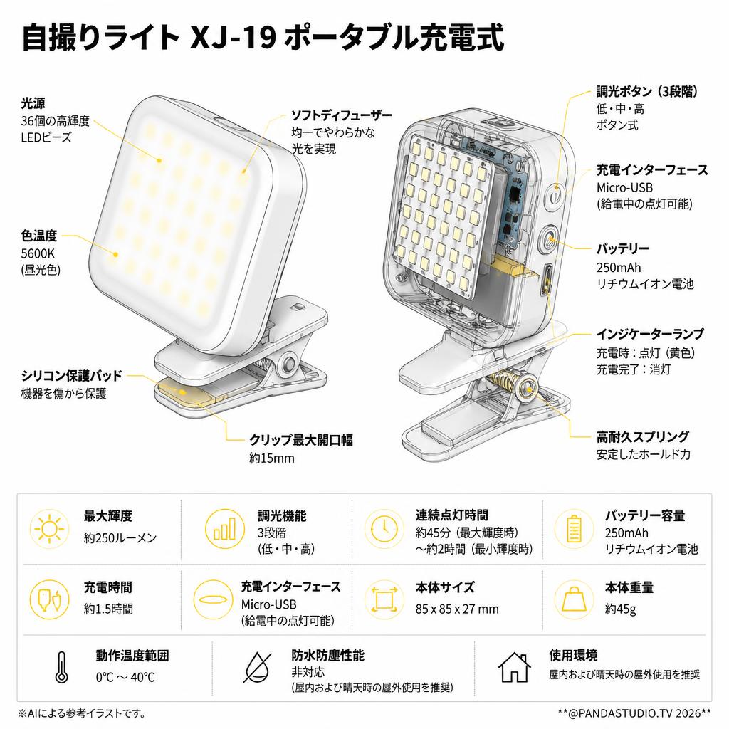 自撮りライトXJ-19ポータブル充電式 スペック