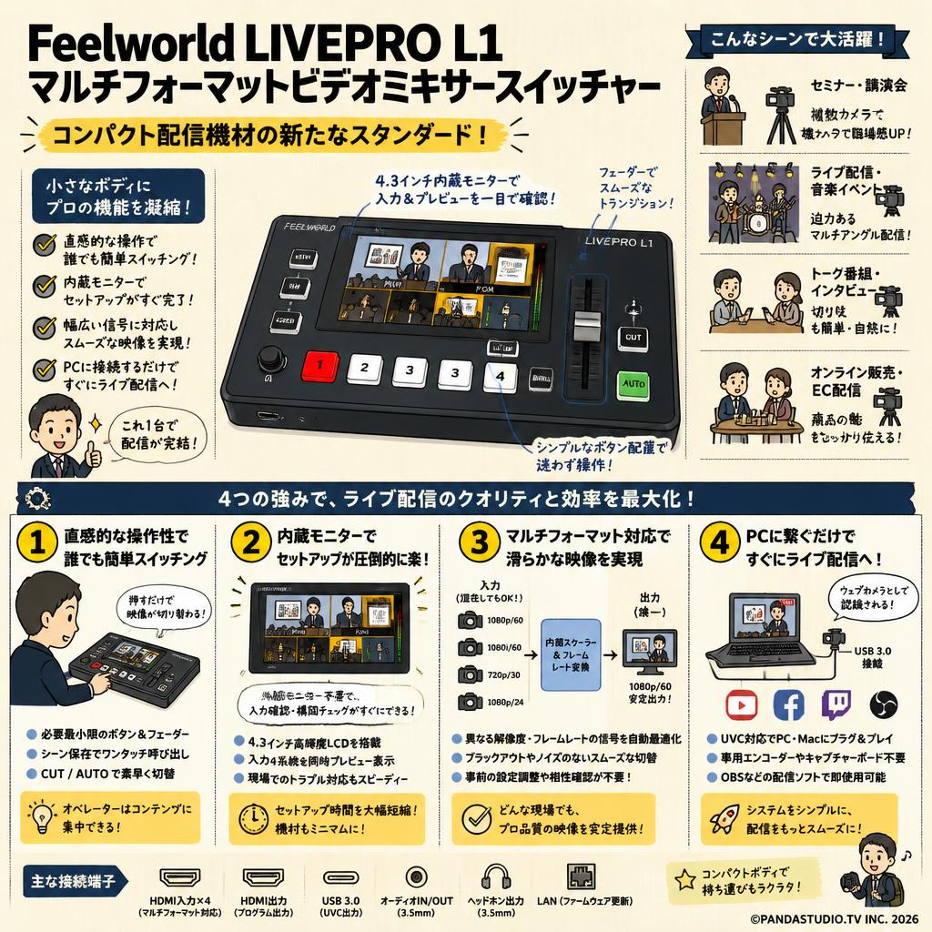 Feelworld LIVEPRO L1 マルチフォーマットビデオミキサースイッチャー 概要