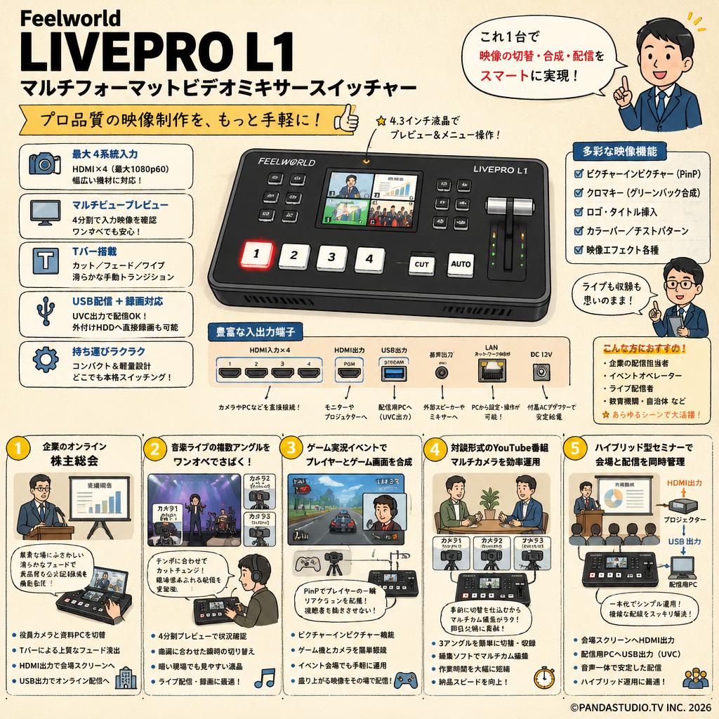 Feelworld LIVEPRO L1 マルチフォーマットビデオミキサースイッチャー 用途