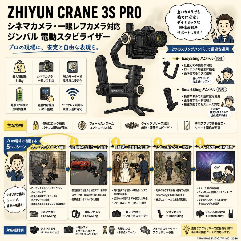 ZHIYUN CRANE 3S PRO シネマカメラ 一眼レフカメラ対応 ジンバル 電動スタビライザー 用途