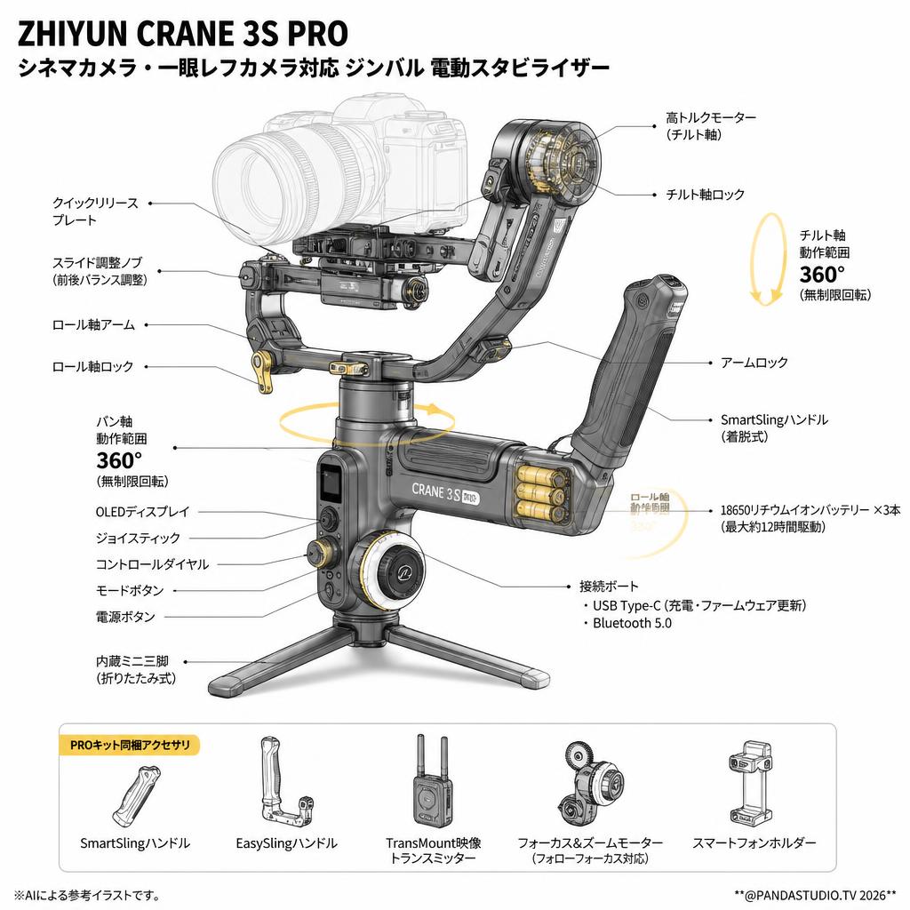 ZHIYUN CRANE 3S PRO シネマカメラ 一眼レフカメラ対応 ジンバル 電動スタビライザー スペック