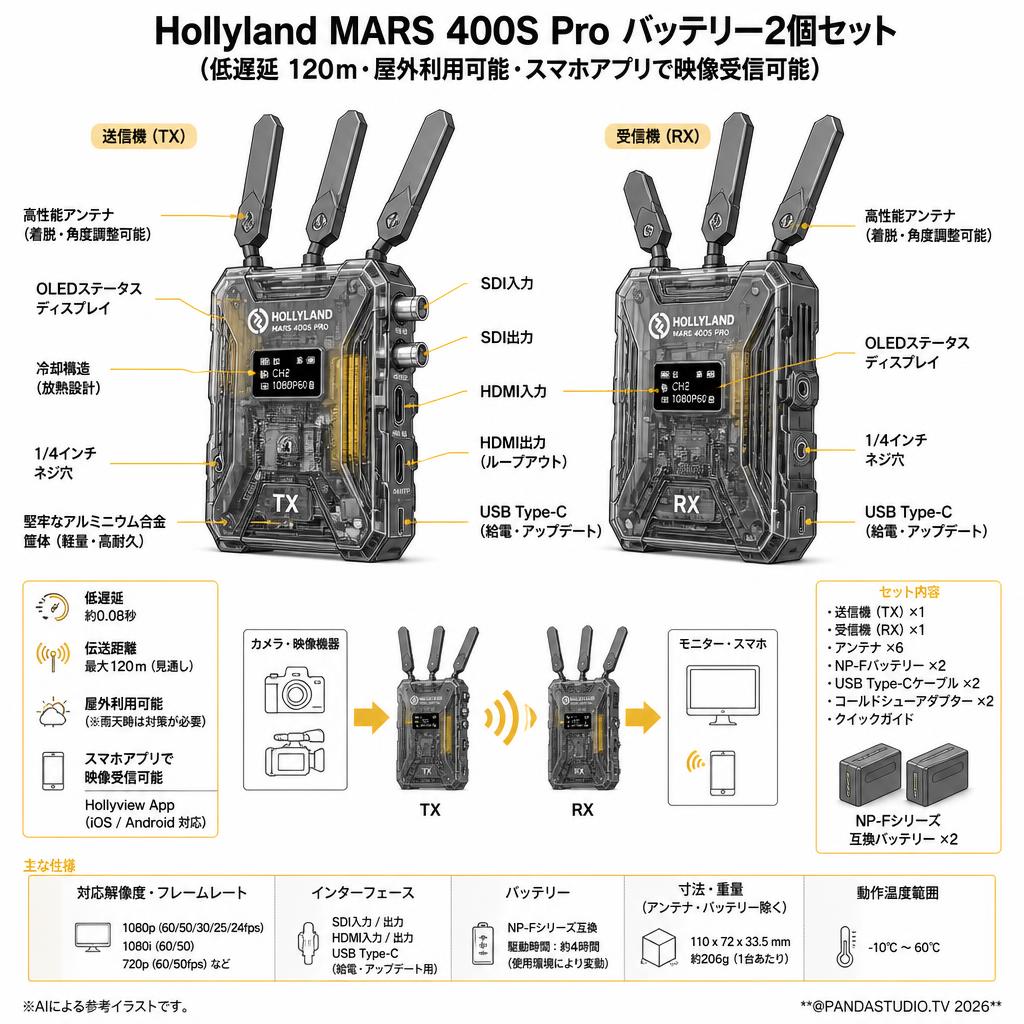 Hollyland MARS 400S Pro  バッテリー2個セット（低遅延 120ｍ・屋外利用可能・スマホアプリで映像受信可能） スペック