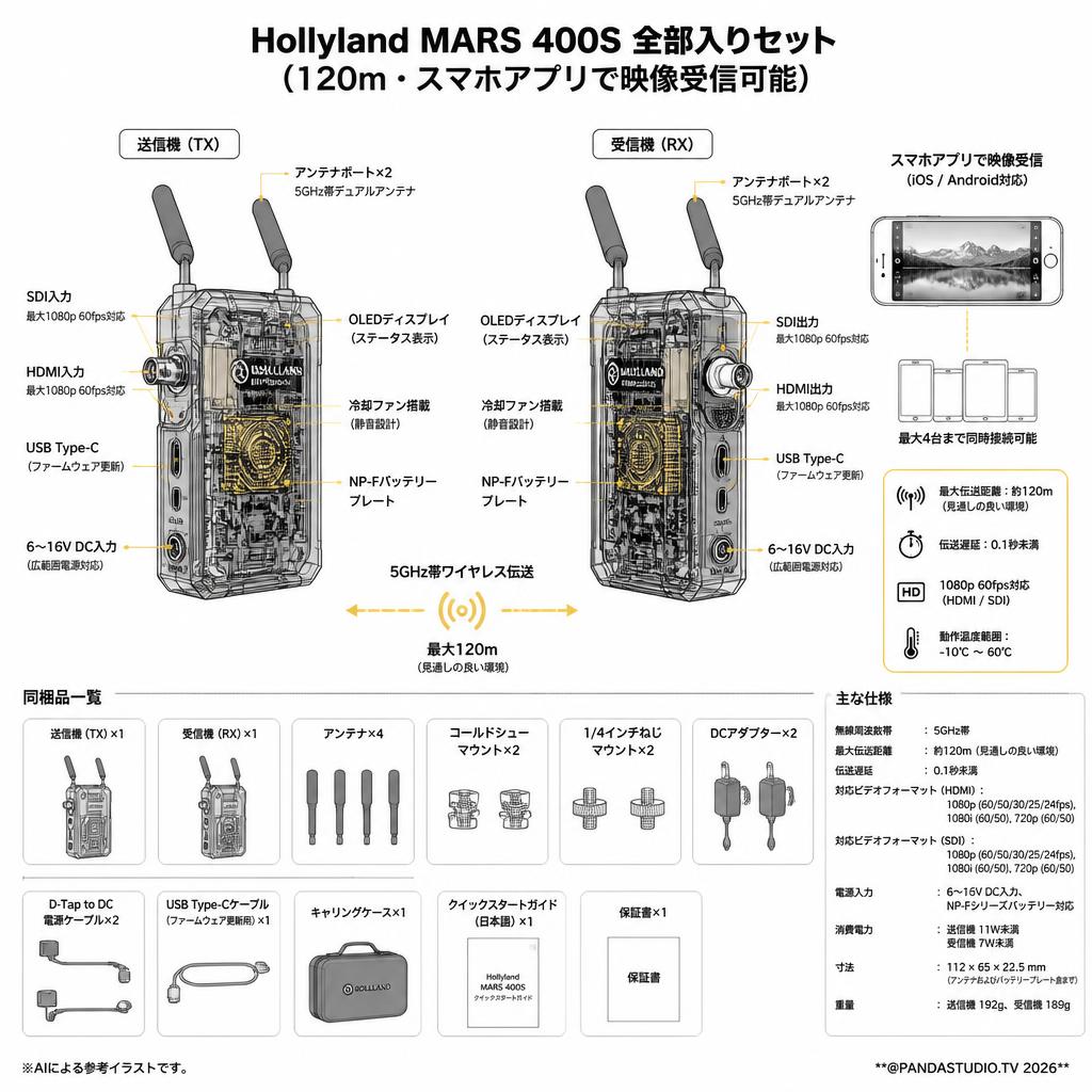 Hollyland MARS 400S 全部入りセット（120ｍ・スマホアプリで映像受信可能） スペック