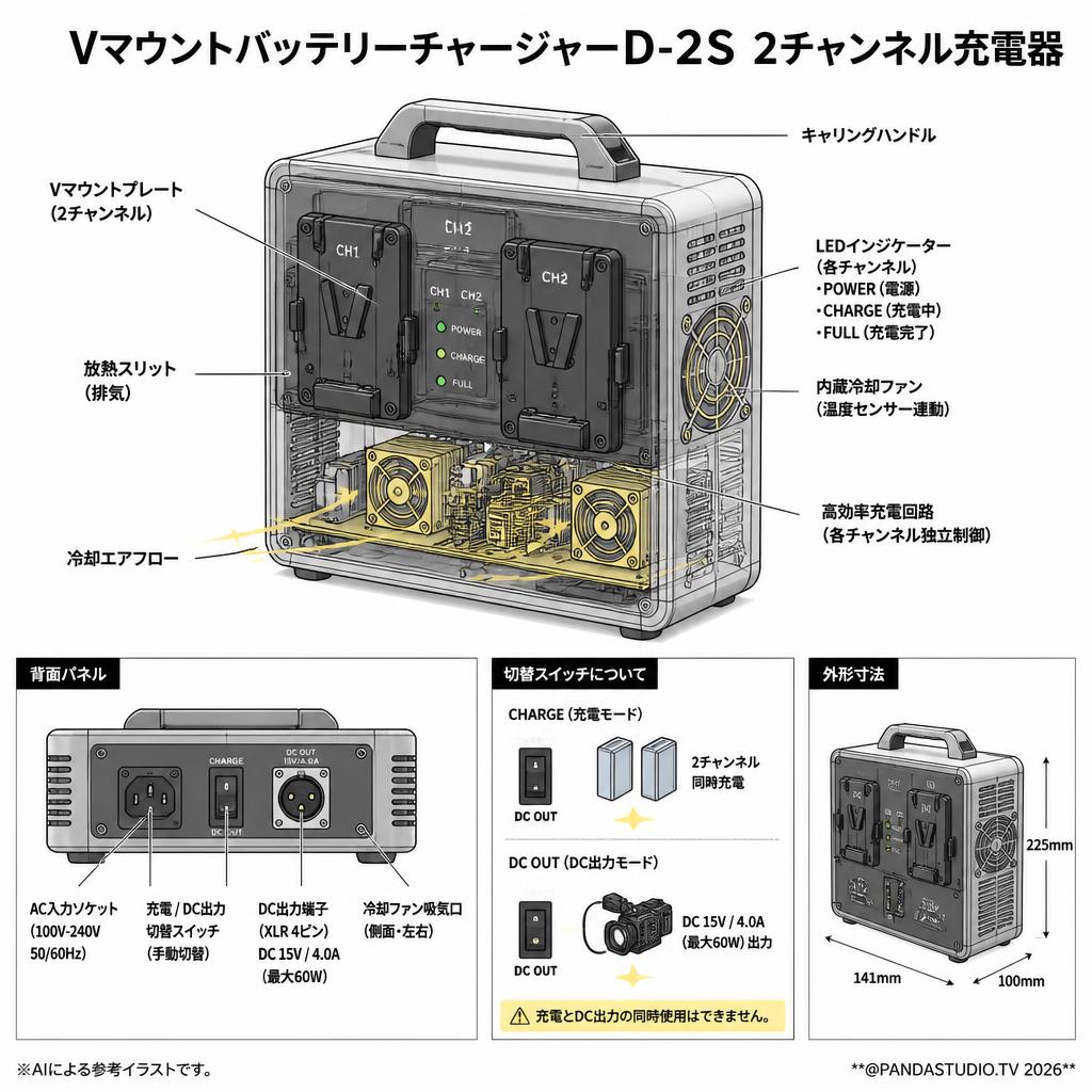 VマウントバッテリーチャージャーD-2S 2チャンネル充電器 スペック