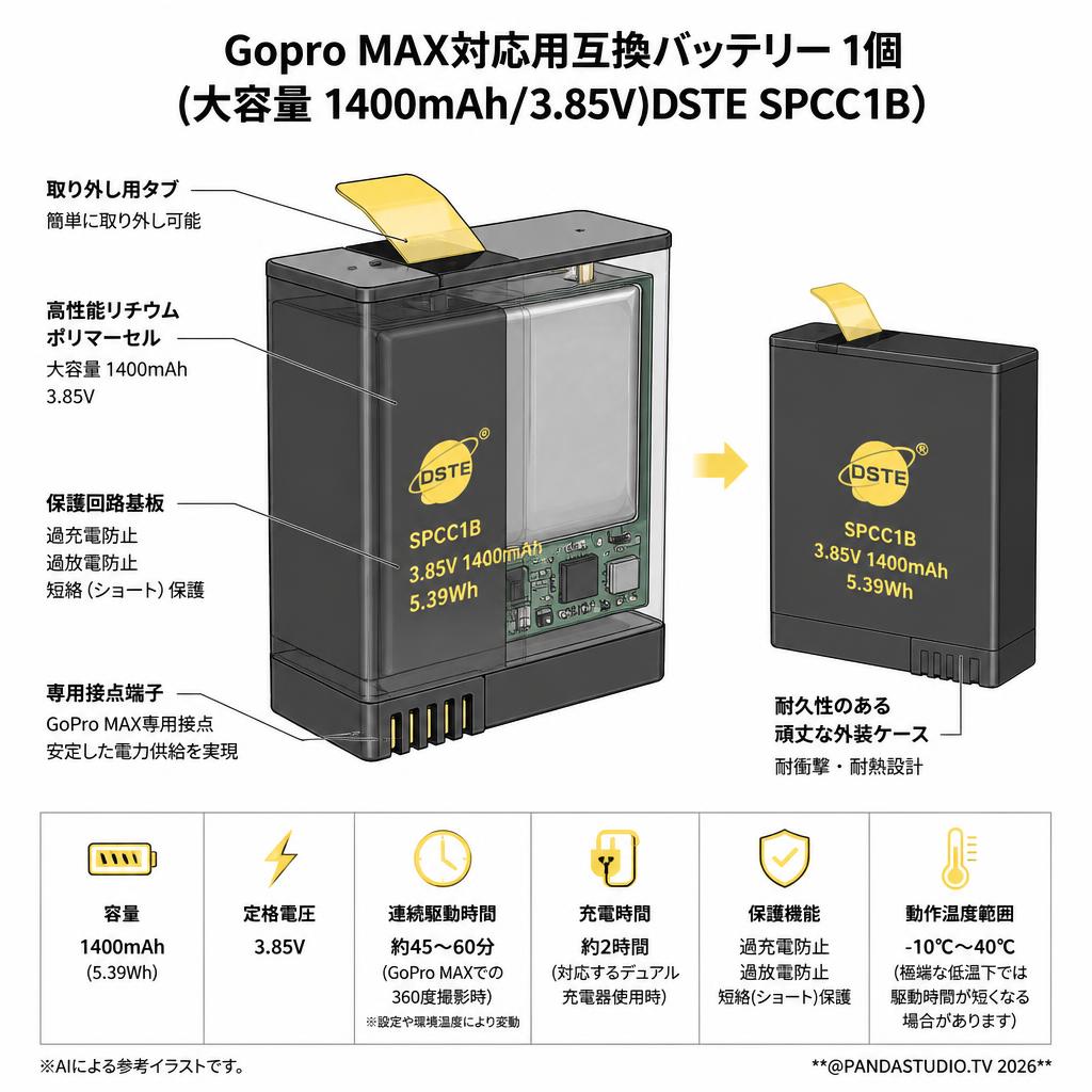 Gopro MAX対応用互換バッテリー 1個 (大容量 1400mAh/3.85V)DSTE SPCC1B） スペック