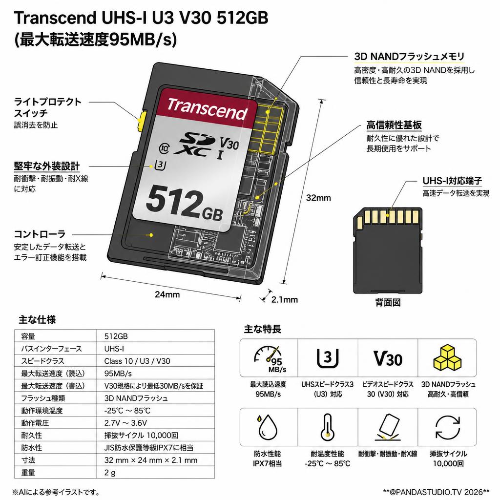 Transcend UHS-I U3 V30 512GB (最大転送速度95MB/s) スペック