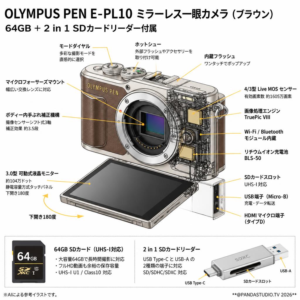 OLYMPUS PEN E-PL10ミラーレス一眼カメラ (ブラウン) 64GB ＋ 2 in 1 SDカードリーダー付属 スペック