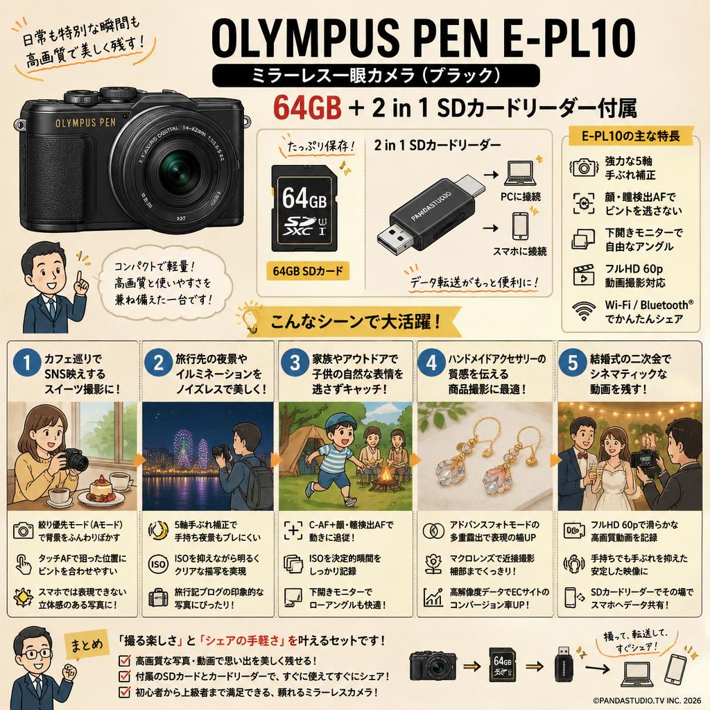 OLYMPUS PEN E-PL10ミラーレス一眼カメラ (ブラック）64GB ＋ 2 in 1 SDカードリーダー付属 用途