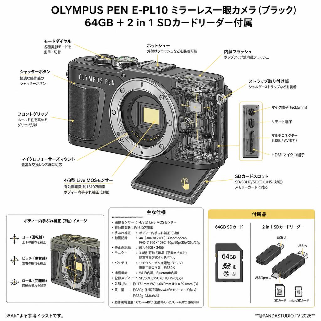 OLYMPUS PEN E-PL10ミラーレス一眼カメラ (ブラック）64GB ＋ 2 in 1 SDカードリーダー付属 スペック