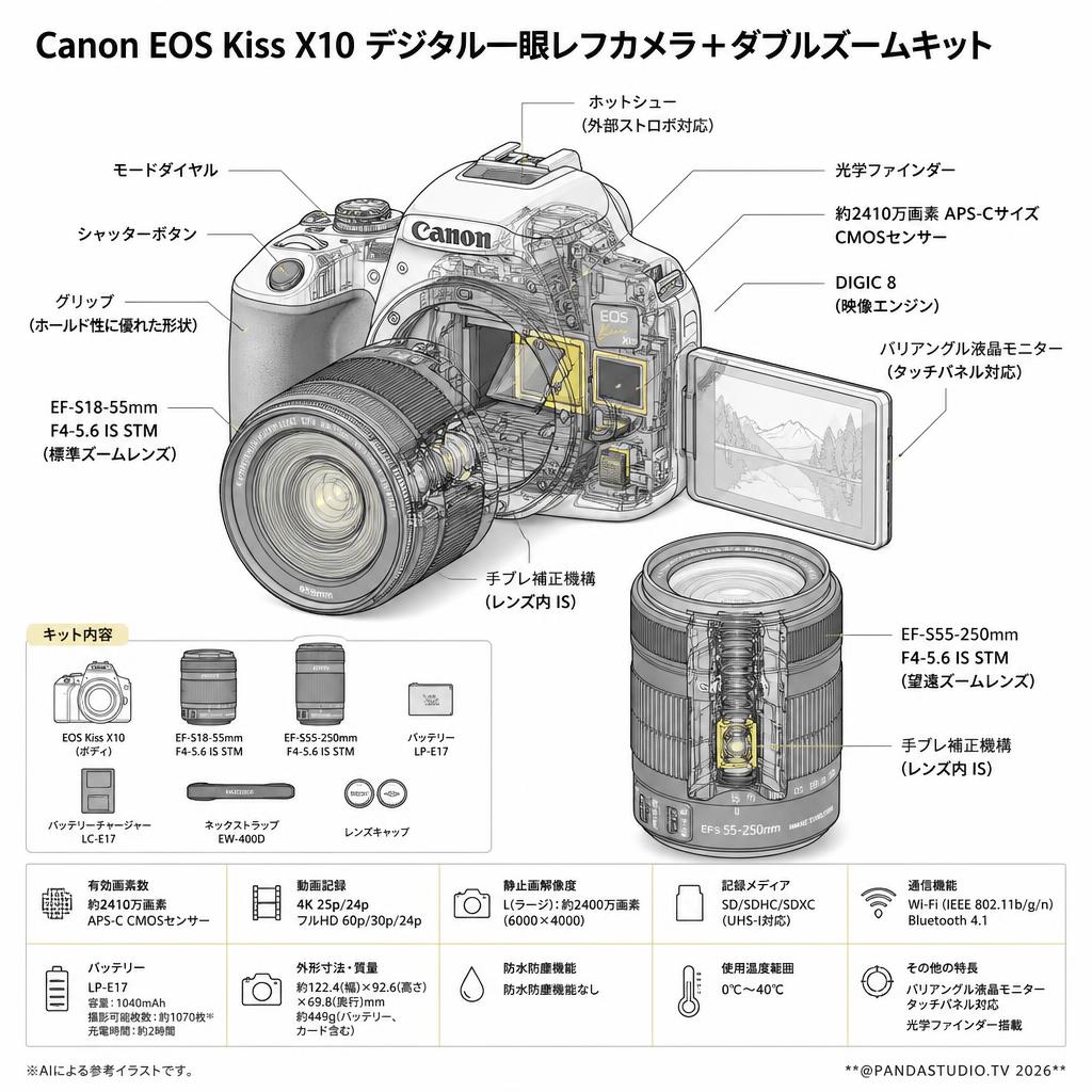 Canon EOS Kiss X10 デジタル一眼レフカメラ＋ダブルズームキット スペック