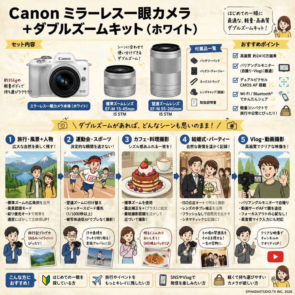 Canon ミラーレス一眼カメラ＋ダブルズームキット(ホワイト) 用途