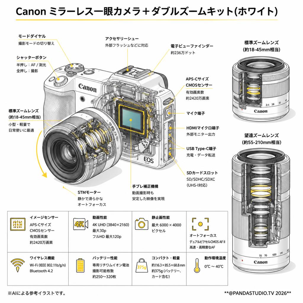 Canon ミラーレス一眼カメラ＋ダブルズームキット(ホワイト) スペック
