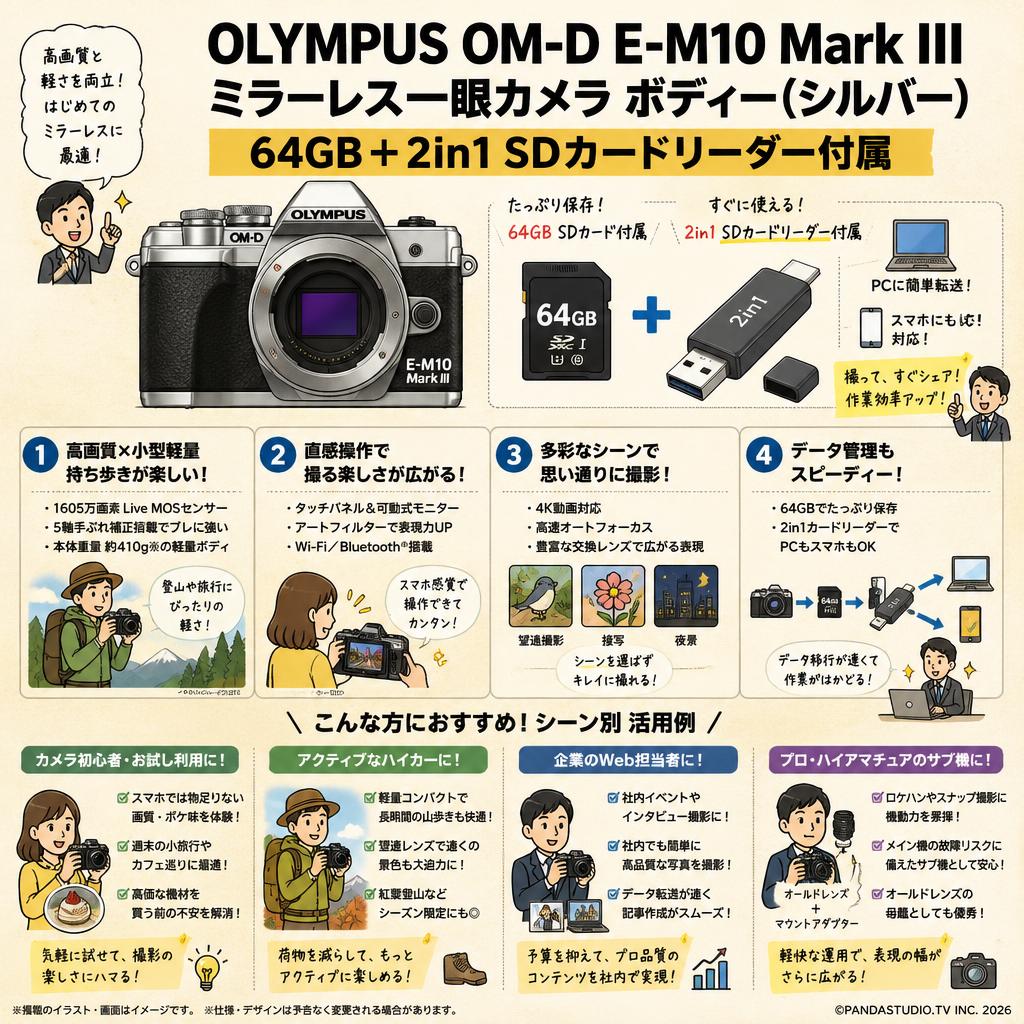 OLYMPUS OM-D E-M10 Mark III ミラーレス一眼カメラ ボディー (シルバー) 64GB ＋ 2 in 1 SDカードリーダー付属 おもな対象のお客様