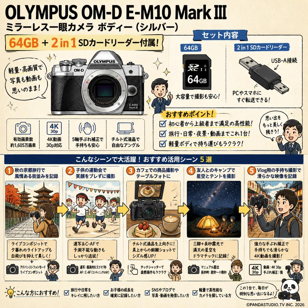 OLYMPUS OM-D E-M10 Mark III ミラーレス一眼カメラ ボディー (シルバー) 64GB ＋ 2 in 1 SDカードリーダー付属 用途