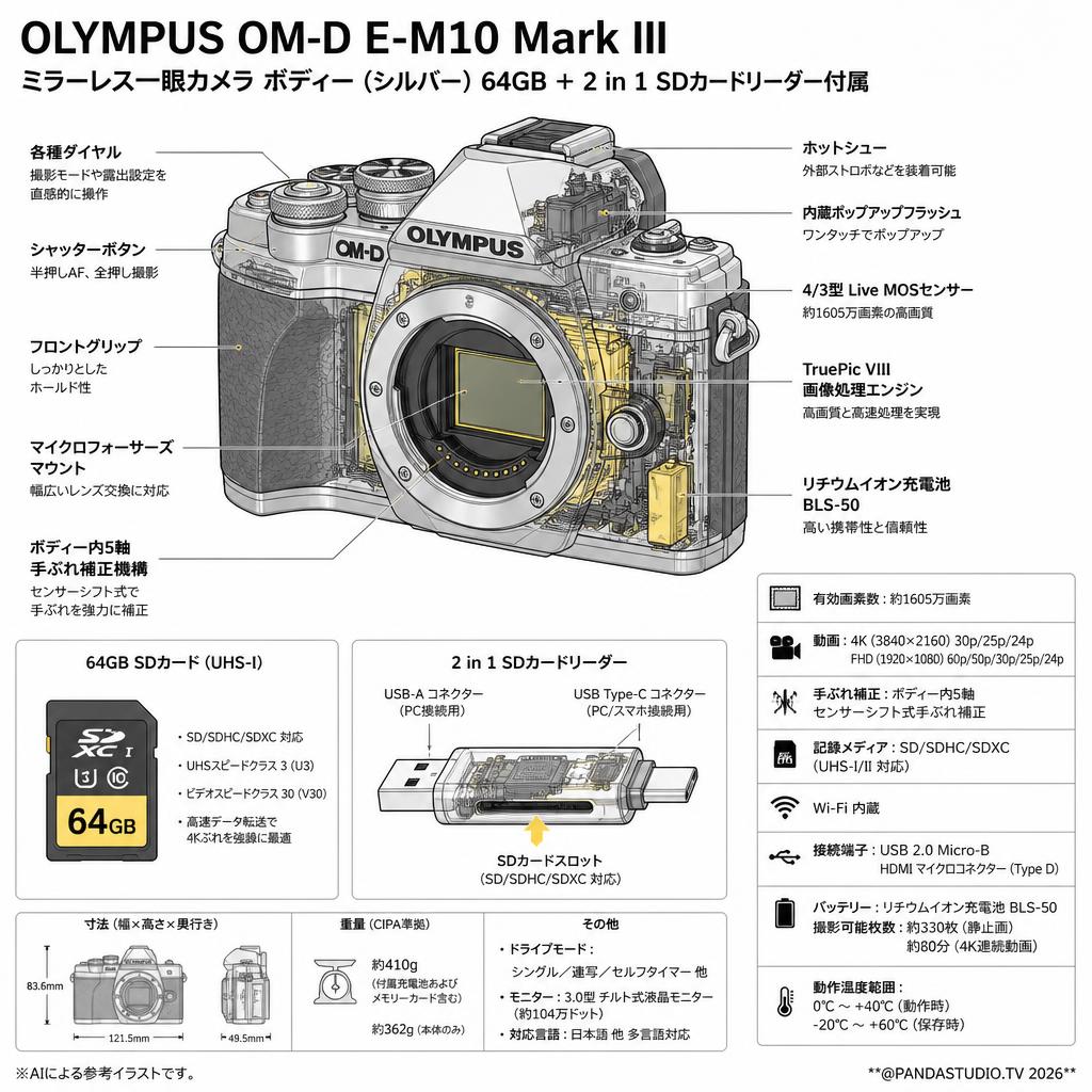 OLYMPUS OM-D E-M10 Mark III ミラーレス一眼カメラ ボディー (シルバー) 64GB ＋ 2 in 1 SDカードリーダー付属 スペック
