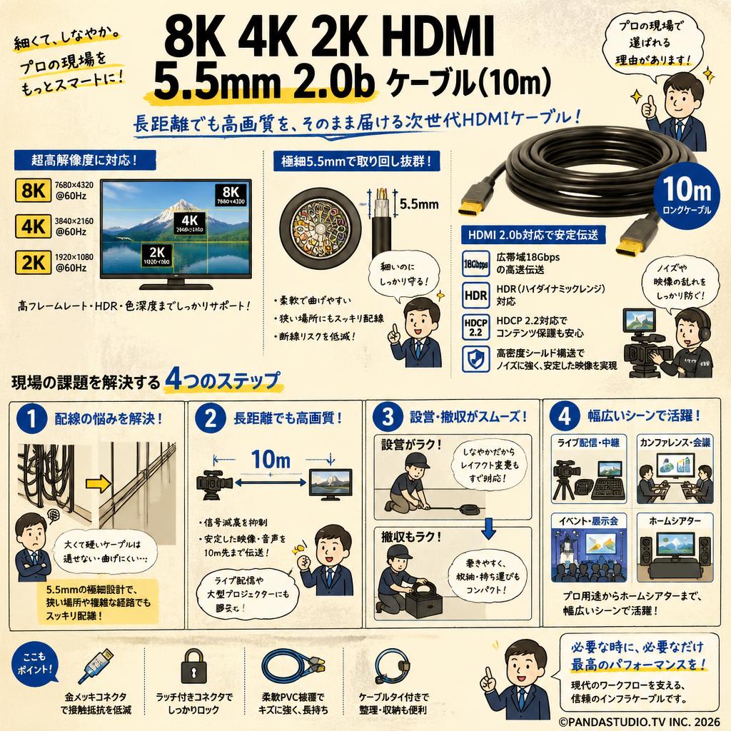 8K 4K 2K HDMI 5.5mm 2.0b ケーブル(10m） 概要