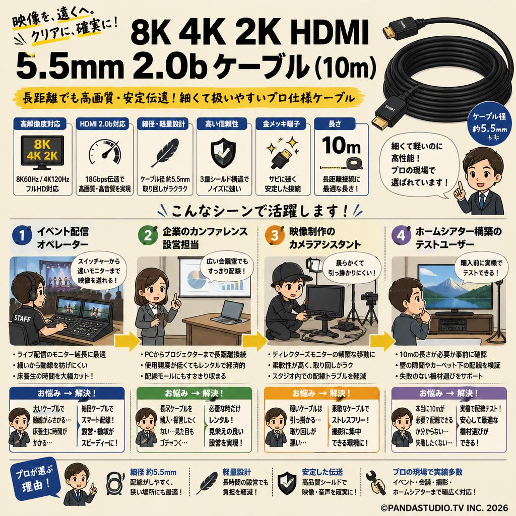 8K 4K 2K HDMI 5.5mm 2.0b ケーブル(10m） おもな対象のお客様
