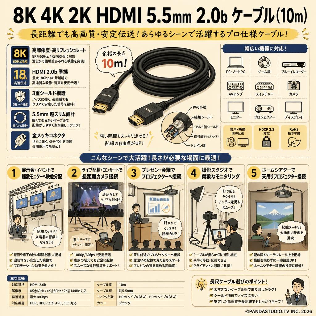 8K 4K 2K HDMI 5.5mm 2.0b ケーブル(10m） 用途