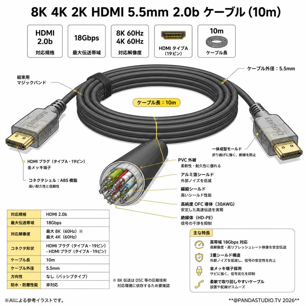 8K 4K 2K HDMI 5.5mm 2.0b ケーブル(10m） スペック