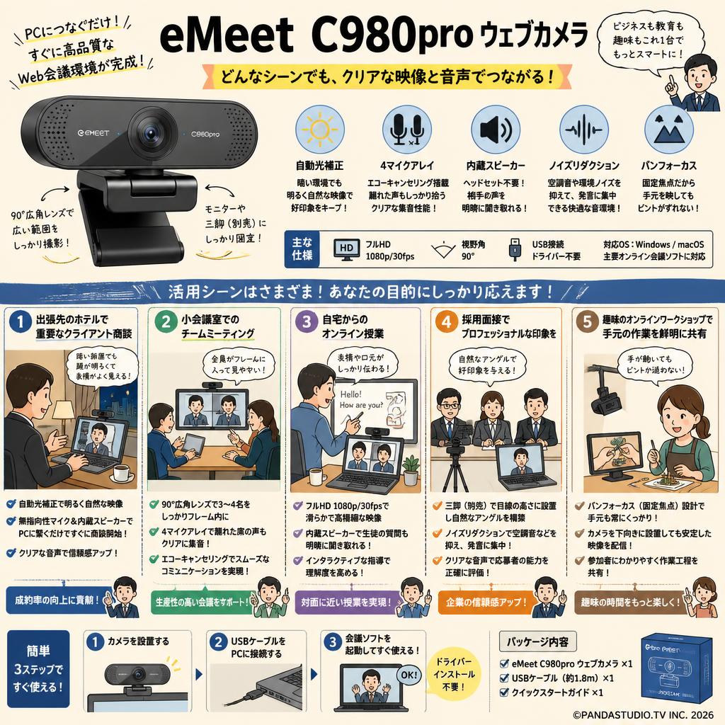eMeet C980pro ウェブカメラ 用途