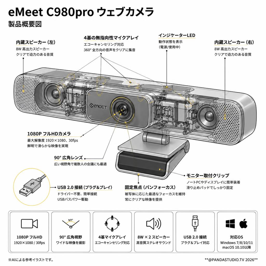 eMeet C980pro ウェブカメラ スペック