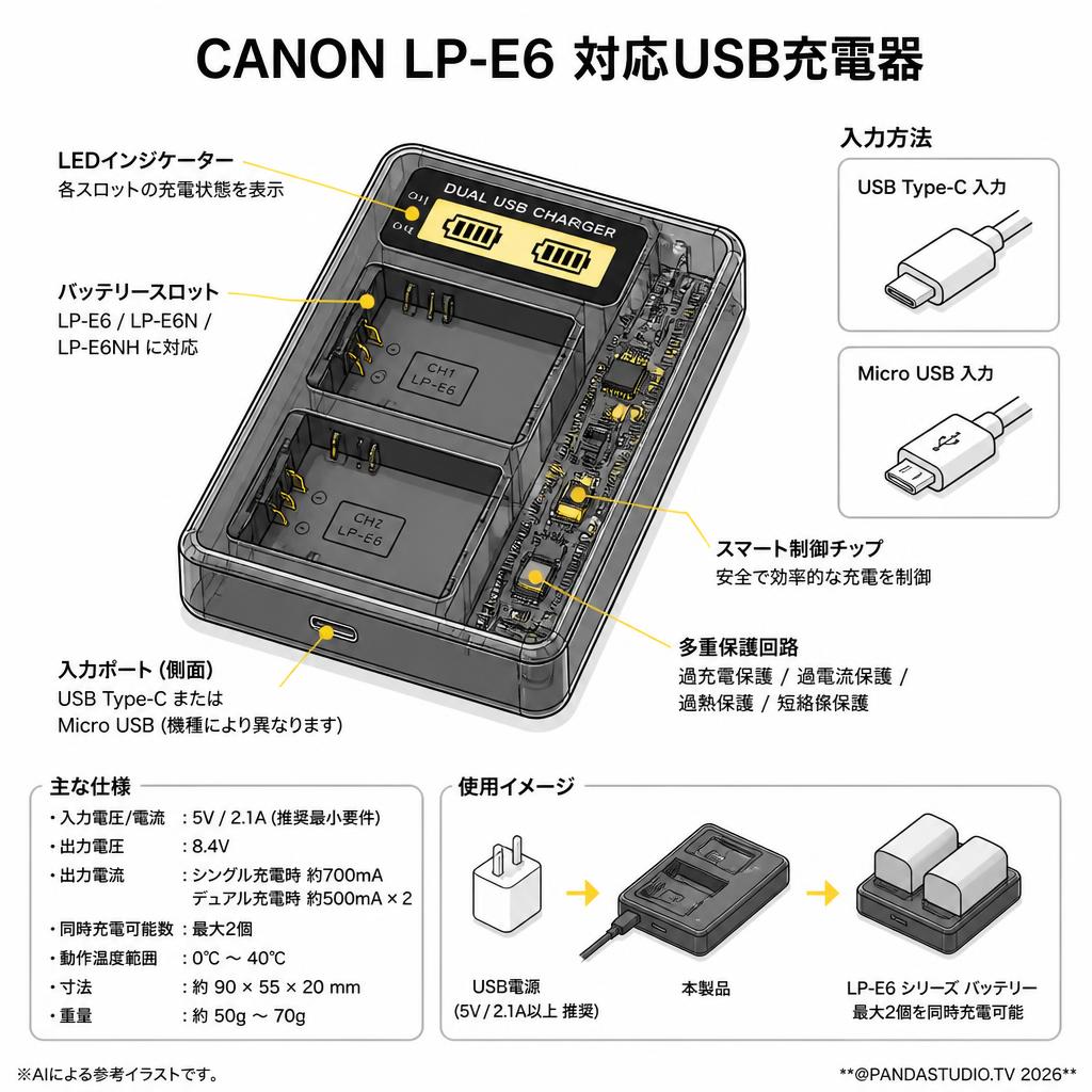 CANON LP-E6 対応USB充電器 スペック