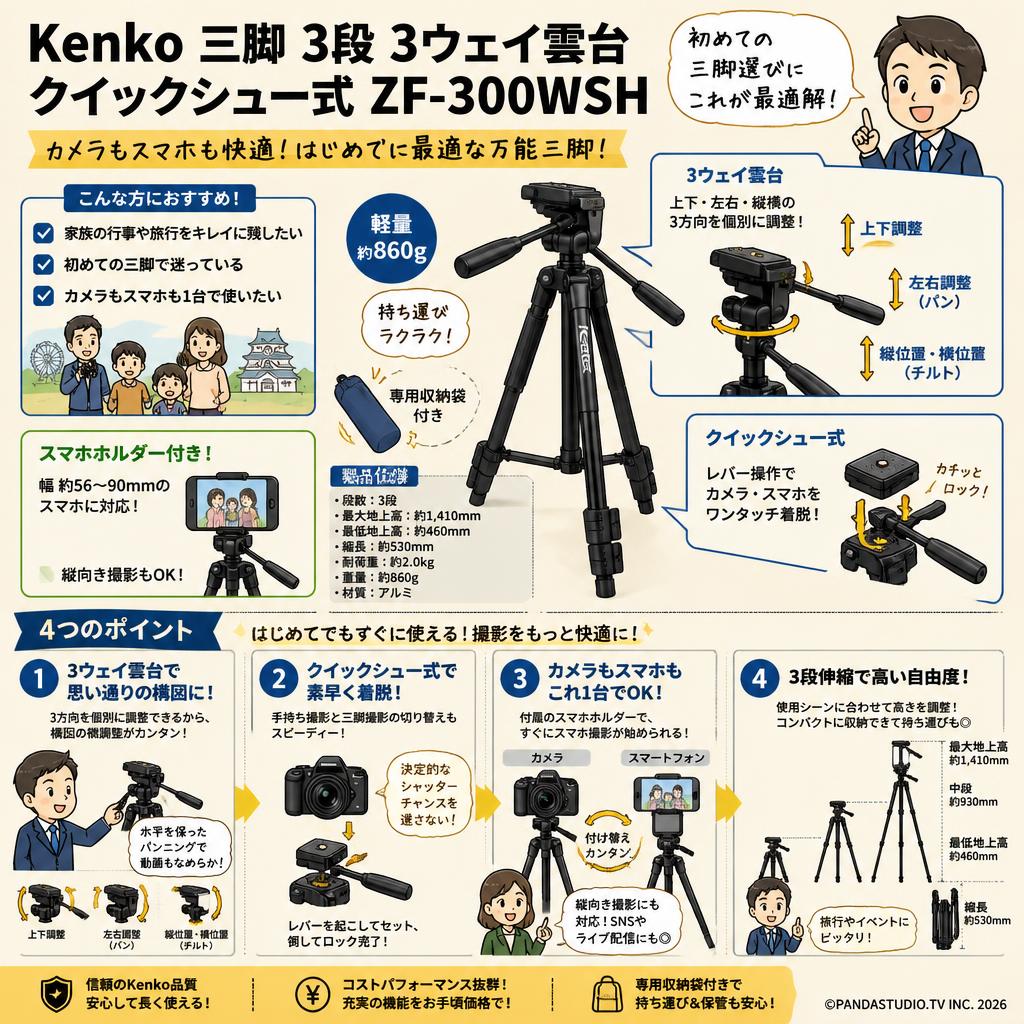 Kenko 三脚 3段 3ウェイ雲台 クイックシュー式 ZF-300WSH 概要