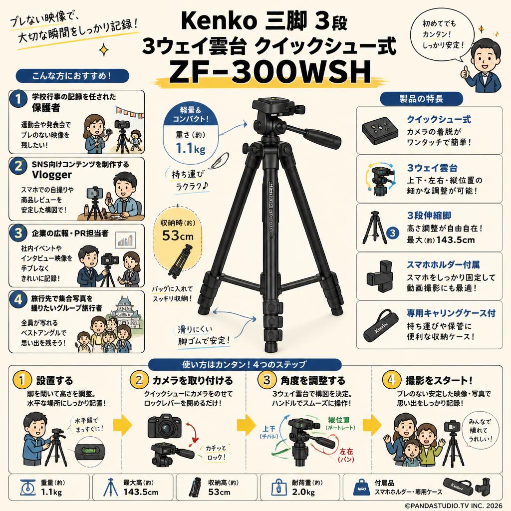 Kenko 三脚 3段 3ウェイ雲台 クイックシュー式 ZF-300WSH おもな対象のお客様