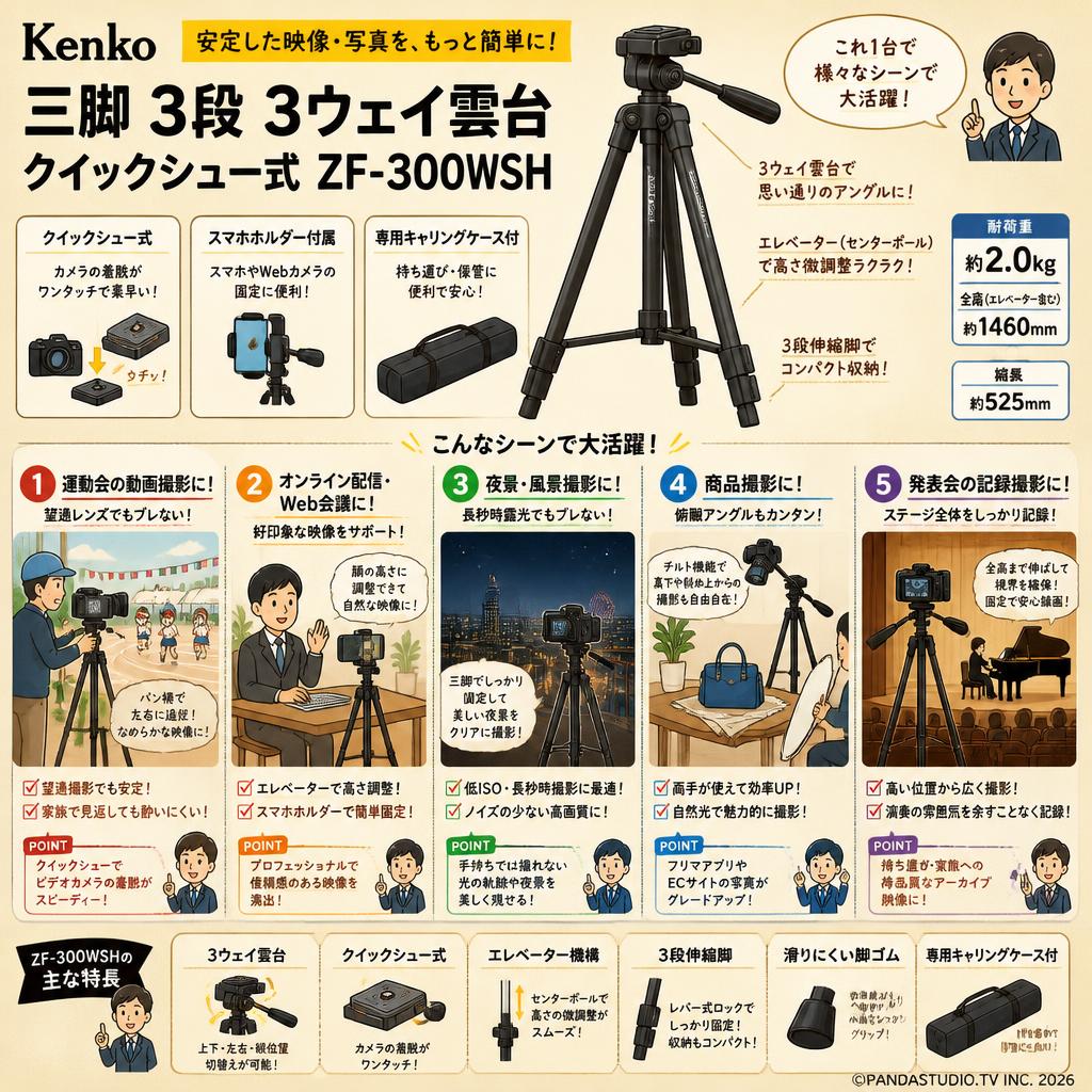 Kenko 三脚 3段 3ウェイ雲台 クイックシュー式 ZF-300WSH 用途