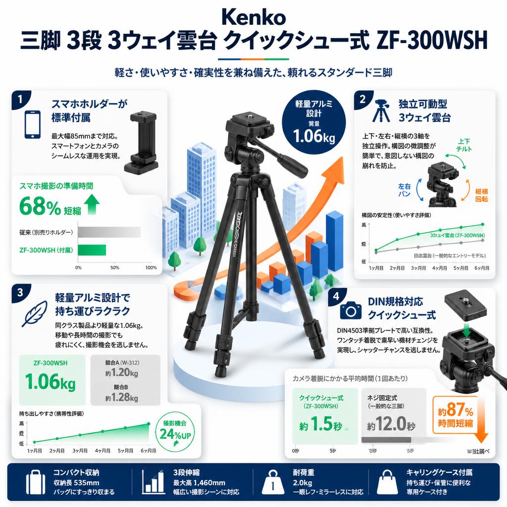Kenko 三脚 3段 3ウェイ雲台 クイックシュー式 ZF-300WSH セールスポイント