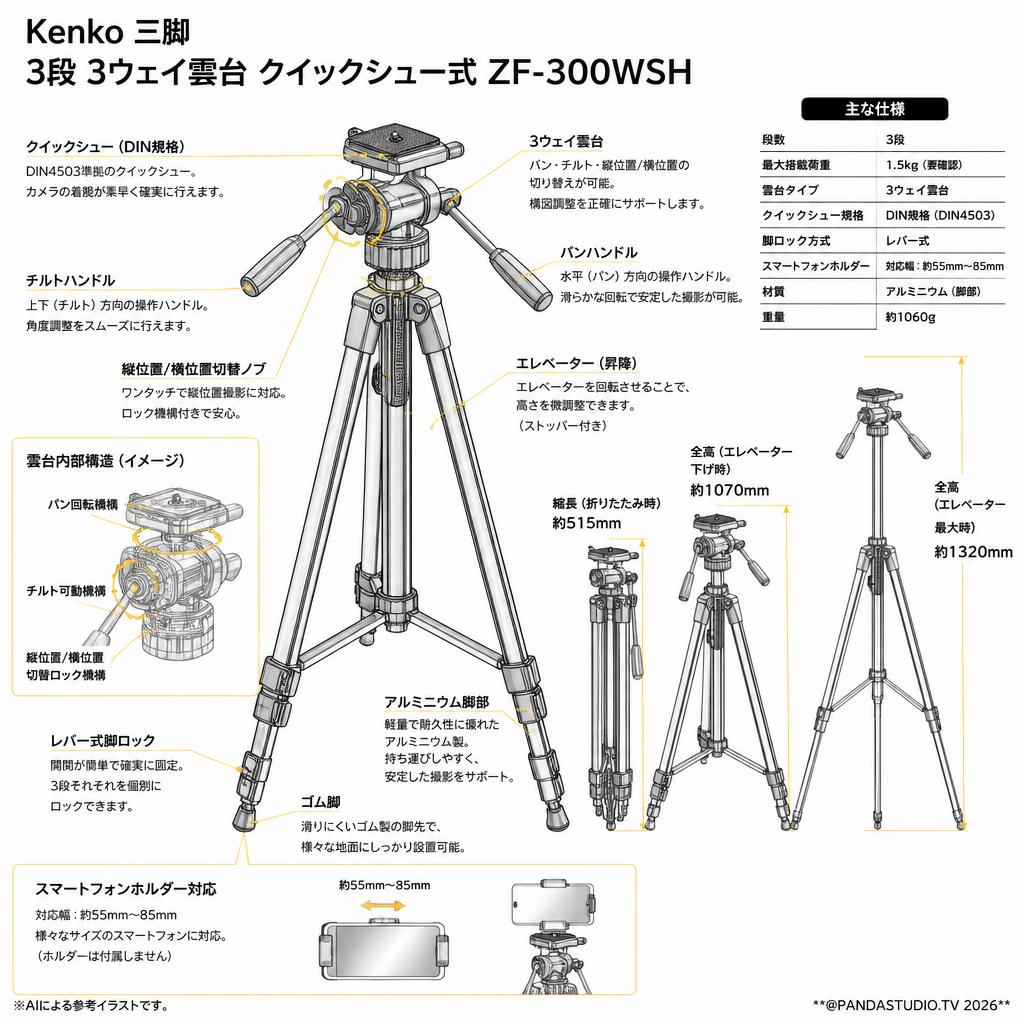 Kenko 三脚 3段 3ウェイ雲台 クイックシュー式 ZF-300WSH スペック