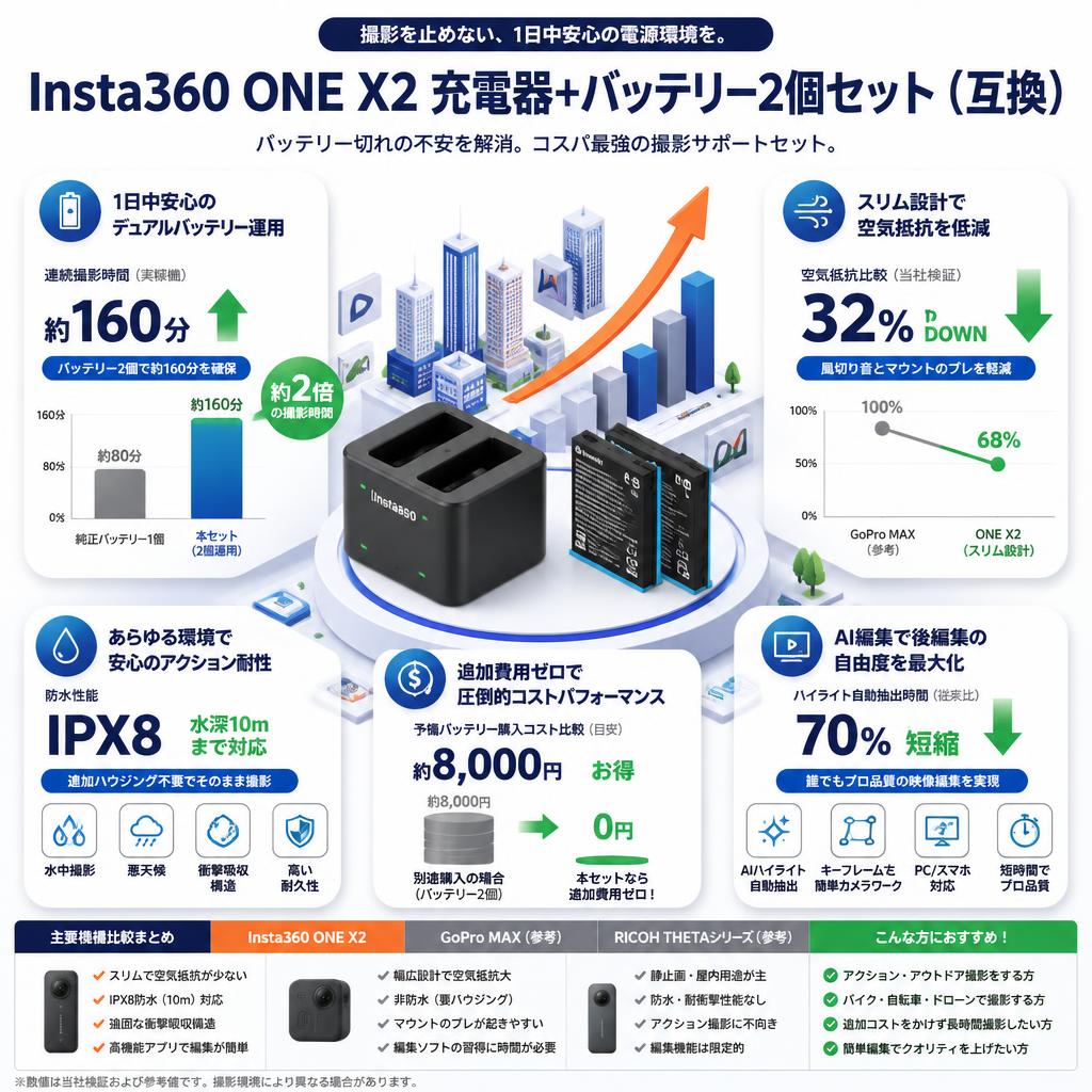 Insta360 ONE X2 充電器+バッテリー2個セット（互換） セールスポイント