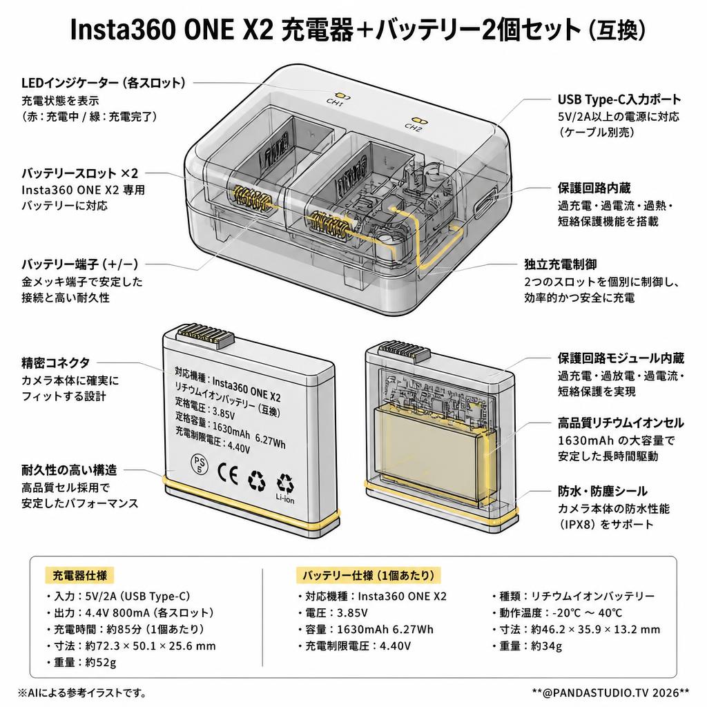 Insta360 ONE X2 充電器+バッテリー2個セット（互換） スペック