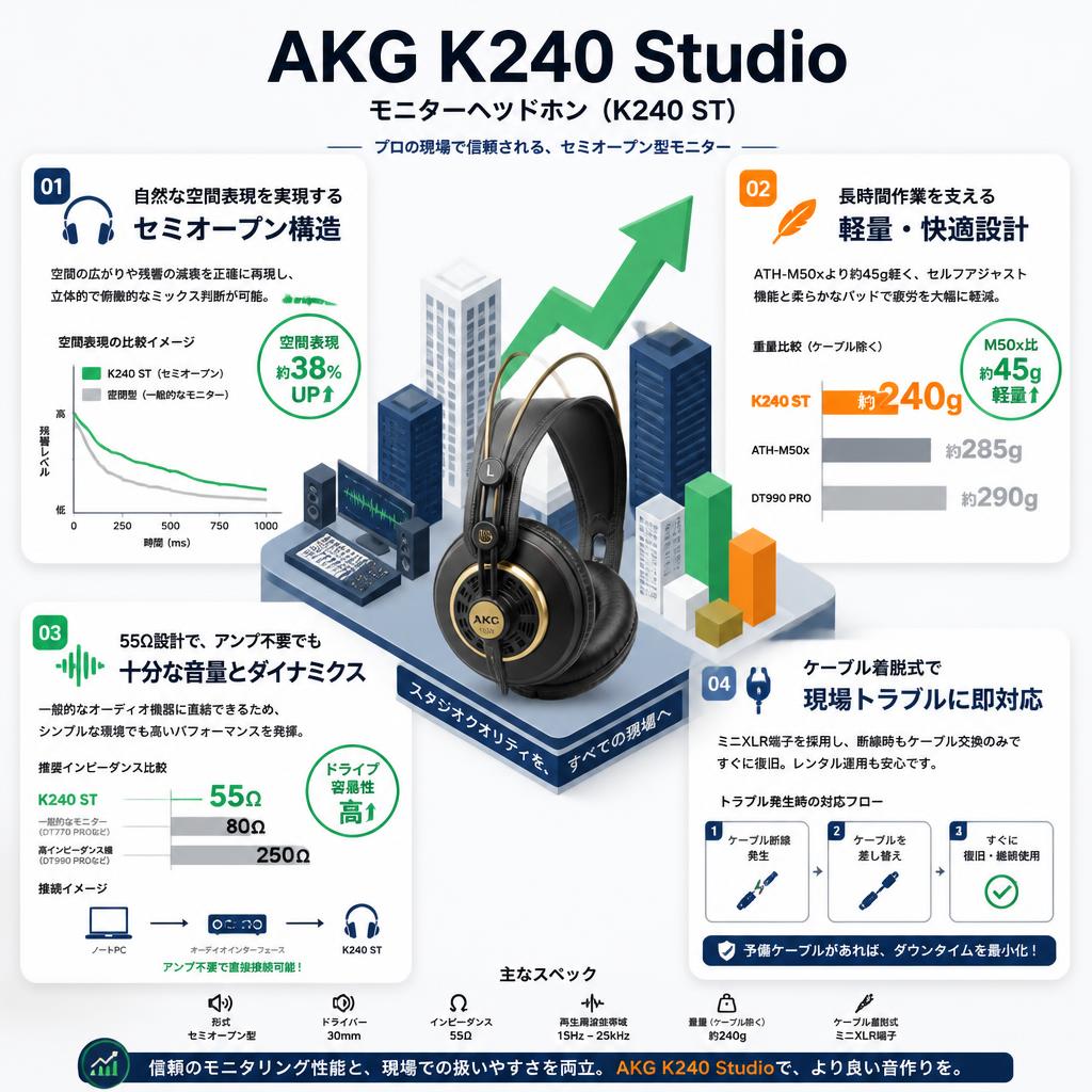 AKG K240 Studio モニターヘッドホン (K240 ST) セールスポイント