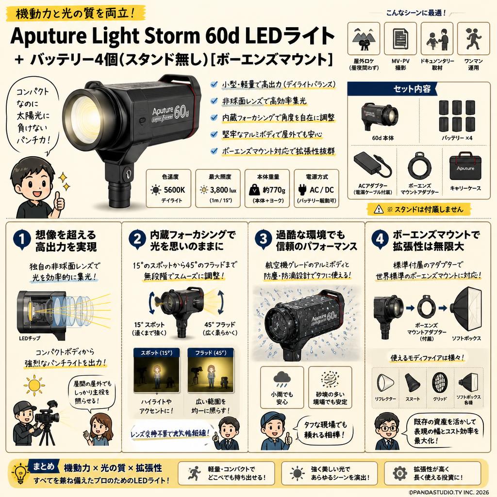 Aputure Light Storm 60d LEDライト + バッテリー4個(スタンド無し)[ボーエンズマウント] 概要