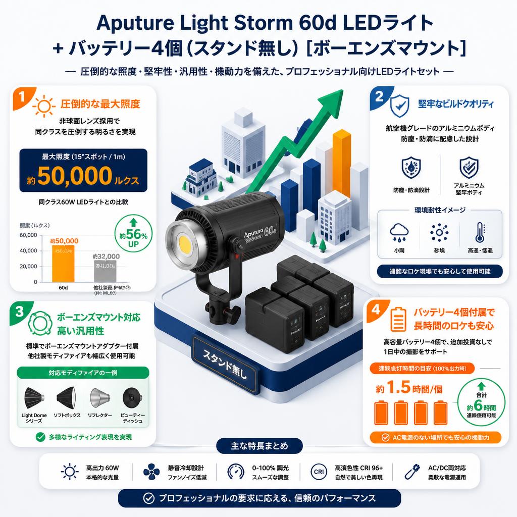 Aputure Light Storm 60d LEDライト + バッテリー4個(スタンド無し)[ボーエンズマウント] セールスポイント