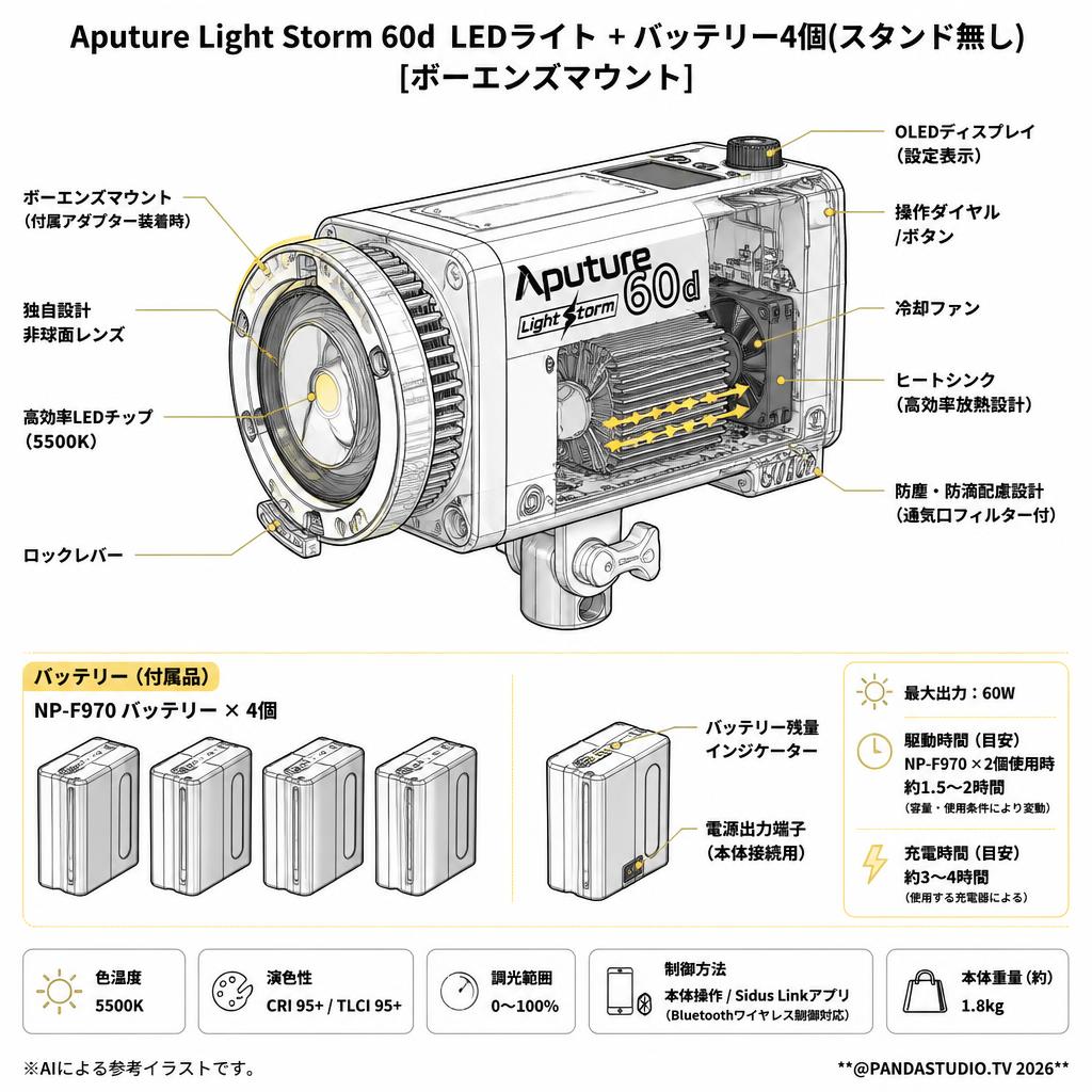Aputure Light Storm 60d LEDライト + バッテリー4個(スタンド無し)[ボーエンズマウント] スペック
