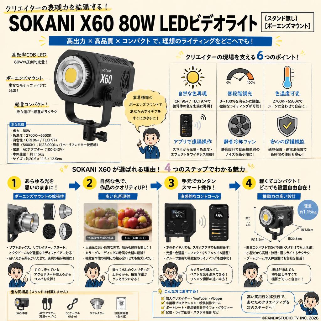 Sokani X60 80W LEDビデオライト(スタンド無し)[ボーエンズマウント] 概要