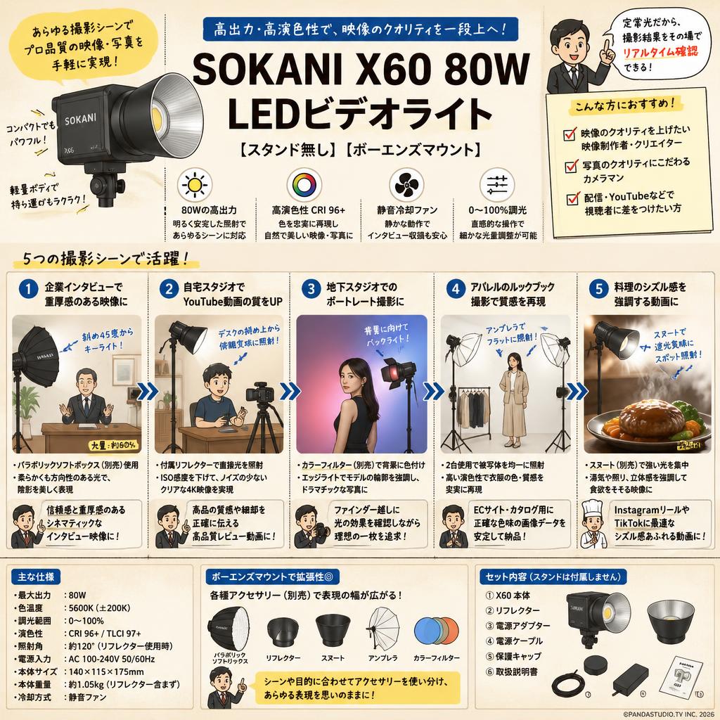 Sokani X60 80W LEDビデオライト(スタンド無し)[ボーエンズマウント] 用途
