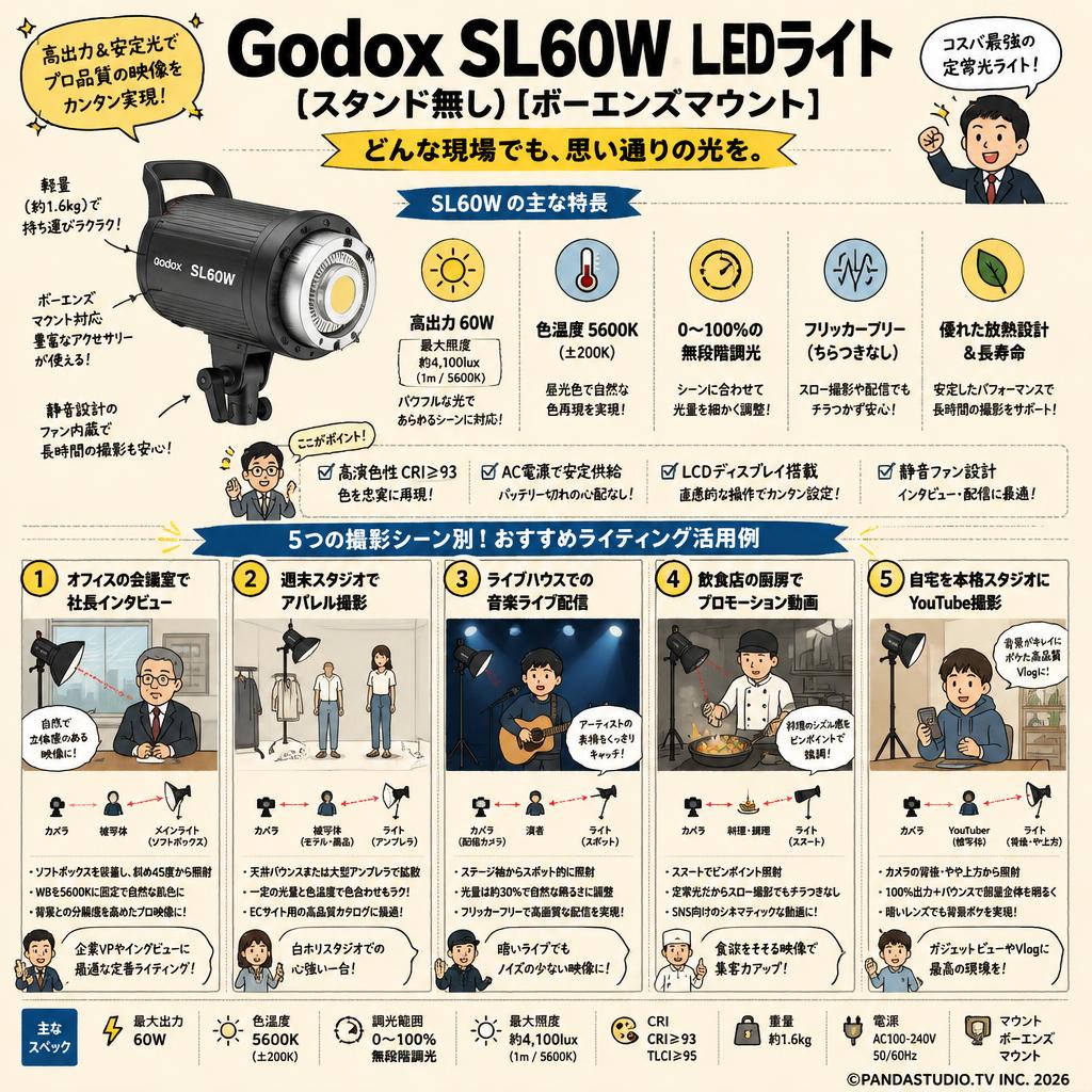 Godox SL60W LEDライト(スタンド無し)[ボーエンズマウント] 用途
