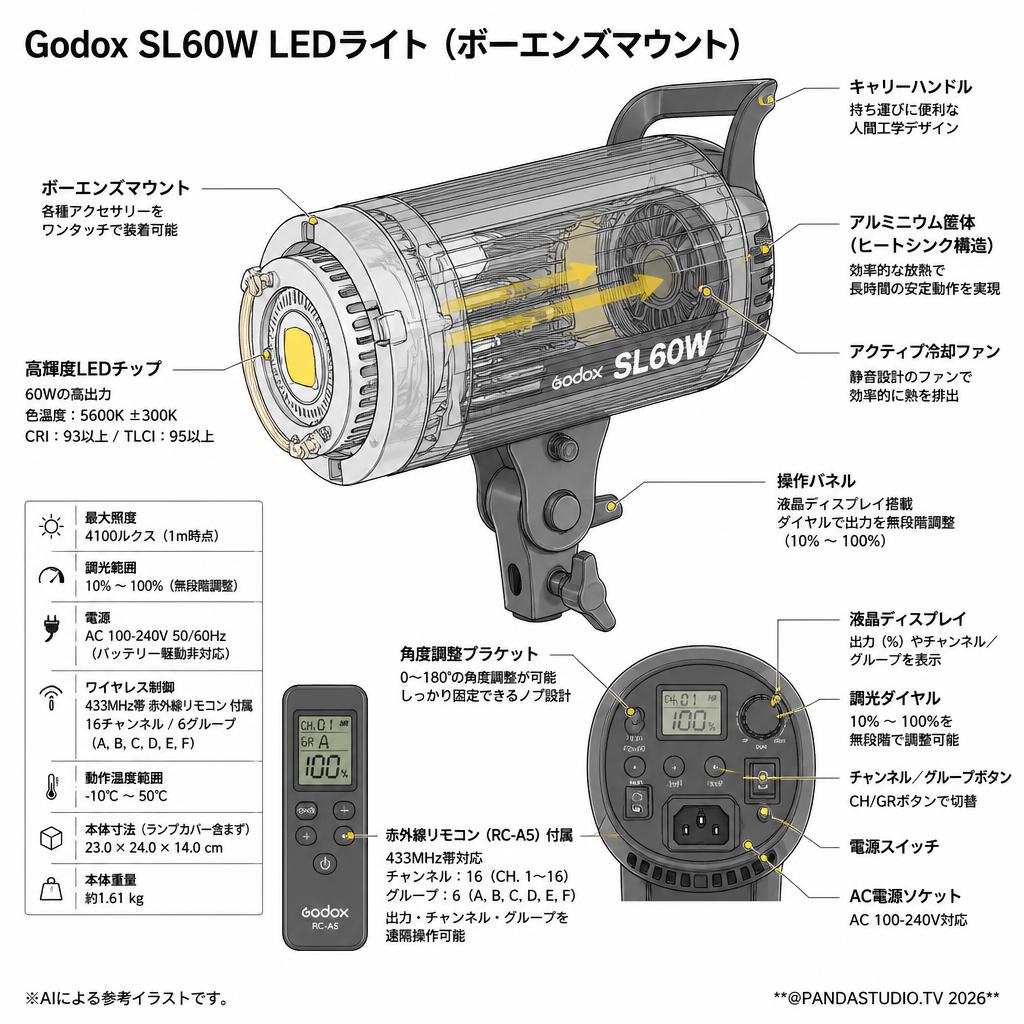 Godox SL60W LEDライト(スタンド無し)[ボーエンズマウント] スペック